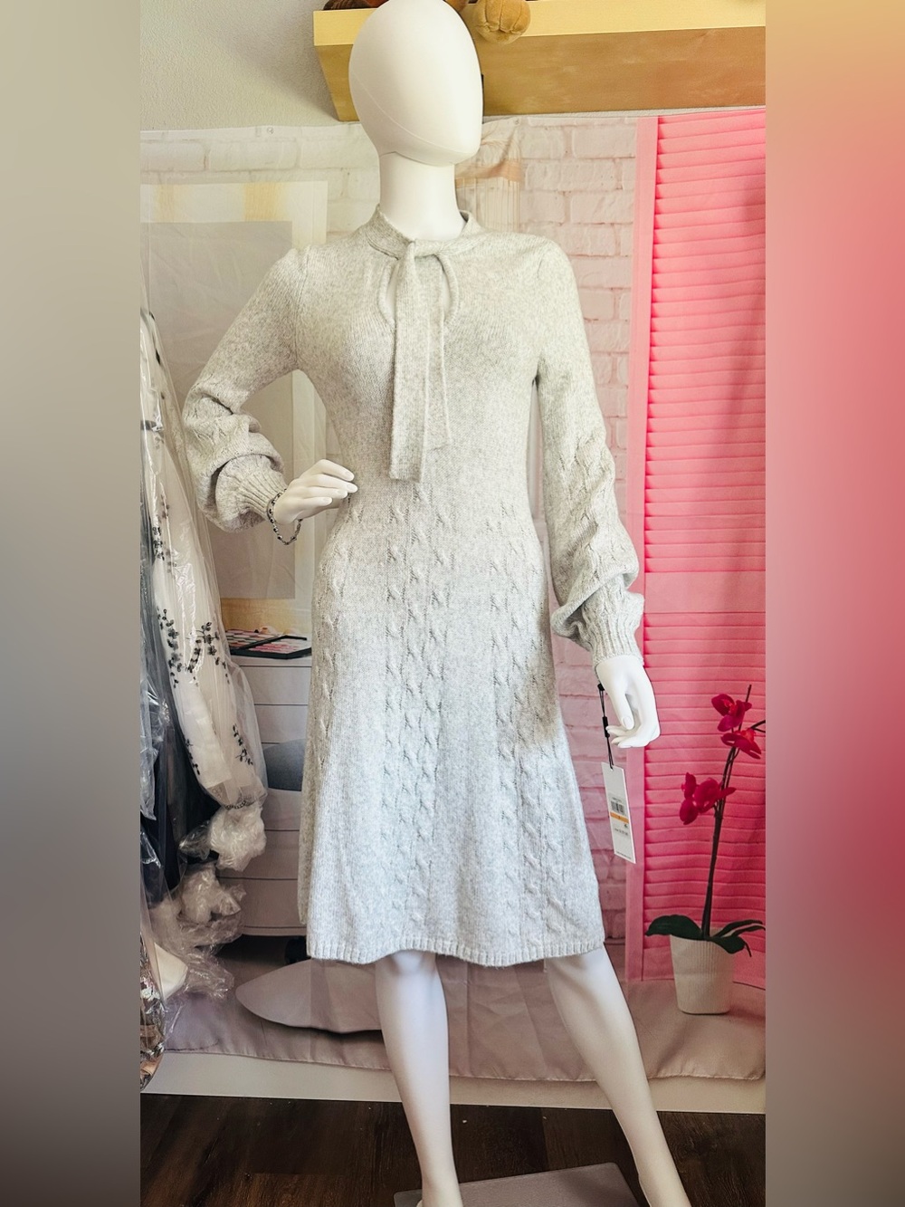 Calvin Klein Tie-Neck Cable Knit Long Sleeve Dress